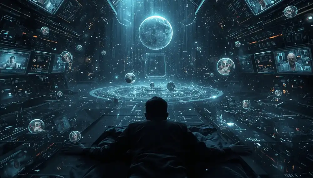 A symbolic artwork showing a person waking up from a simulated reality