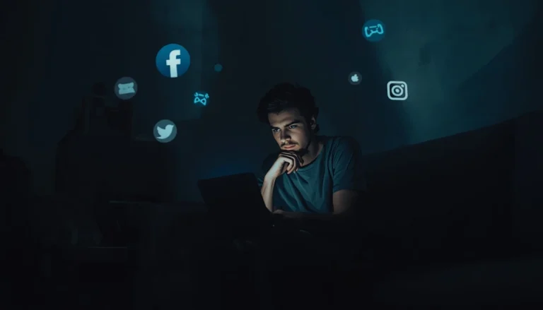 A person sitting alone surrounded by digital distractions representing escapism.