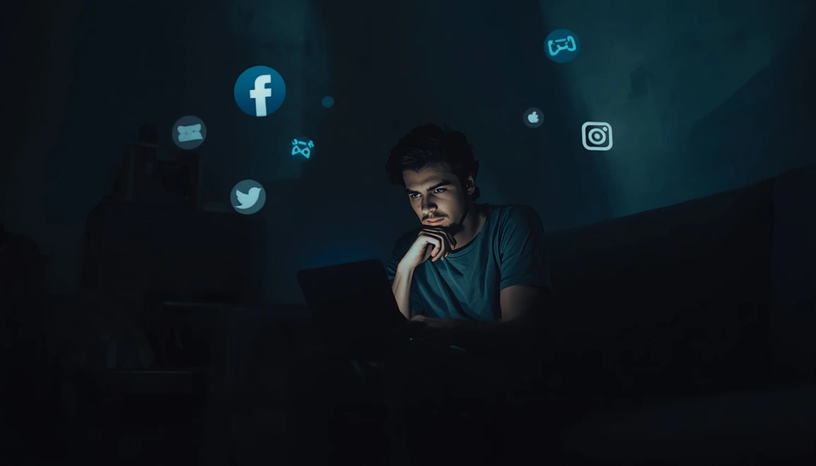 A person sitting alone surrounded by digital distractions representing escapism.