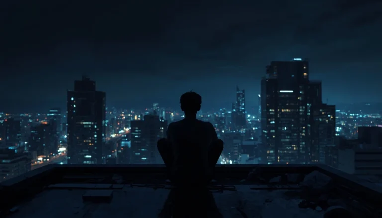 Young adult sitting alone on a rooftop at night, looking at a city, symbolizing feeling lost in your 20s.