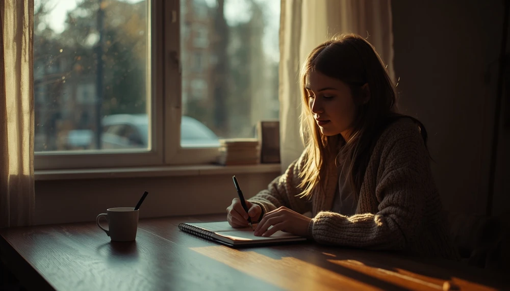 A young adult journaling in a quiet room, symbolizing slowly finding direction again.