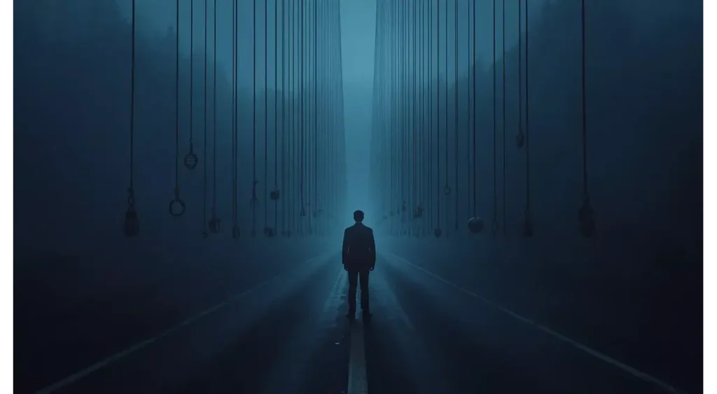 A lonely man standing in fog representing uncertainty and the illusion of control in human life