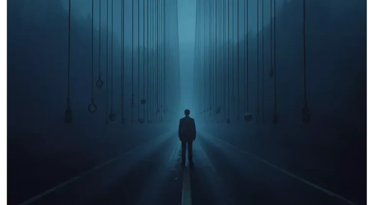 A lonely man standing in fog representing uncertainty and the illusion of control in human life