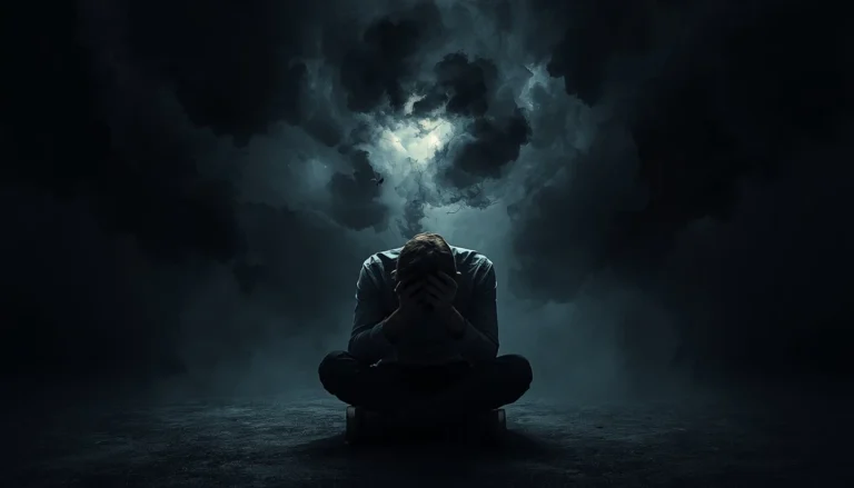 Person surrounded by dark thoughts showing fear and anxiety
