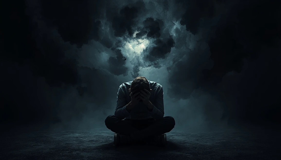 Person surrounded by dark thoughts showing fear and anxiety