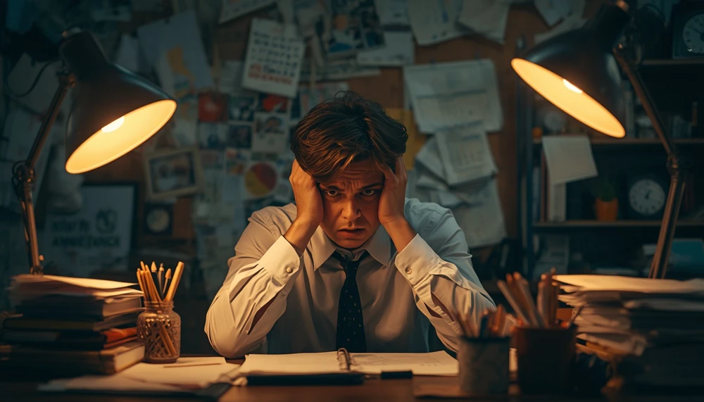 A stressed young adult surrounded by planning notes and career choices, showing pressure to have life figured out.