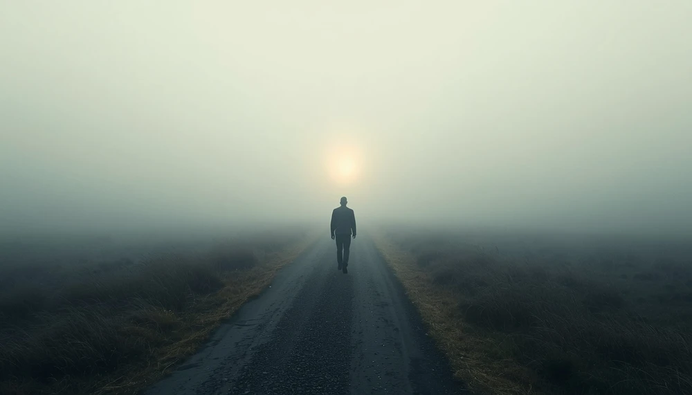 A person walking toward a distant light, symbolizing the search for life purpose.