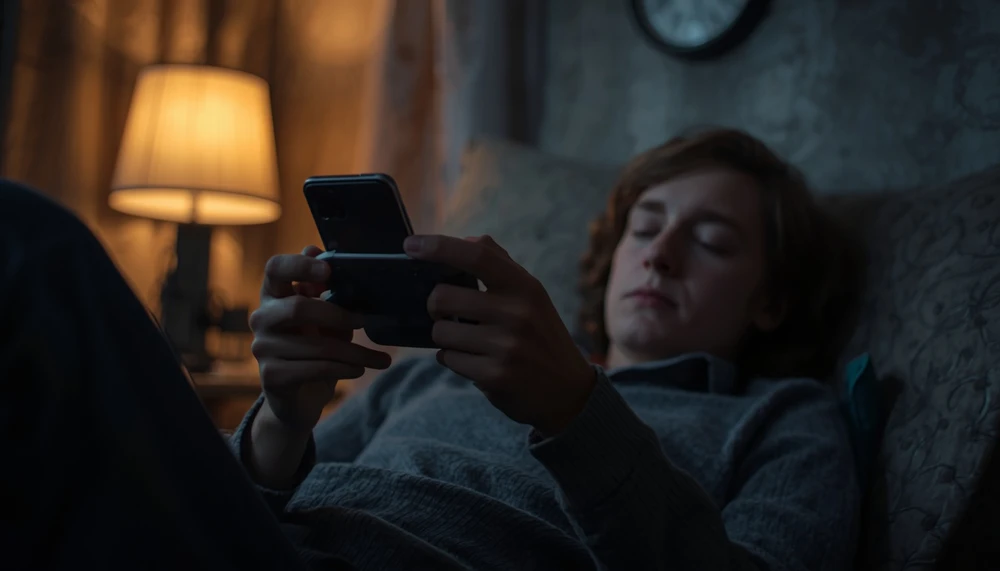 A person distracted by gaming and social media while losing track of time.
