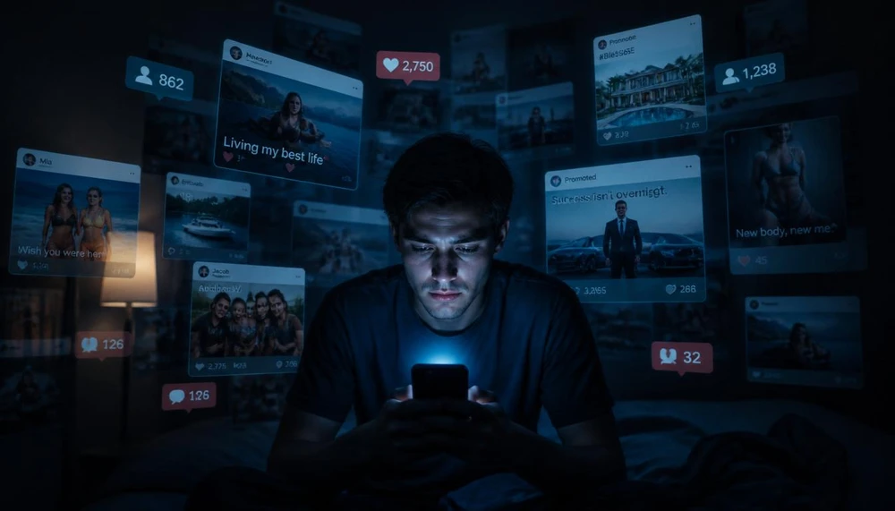 A young adult staring at a phone with social media posts around them, showing comparison and feeling behind.