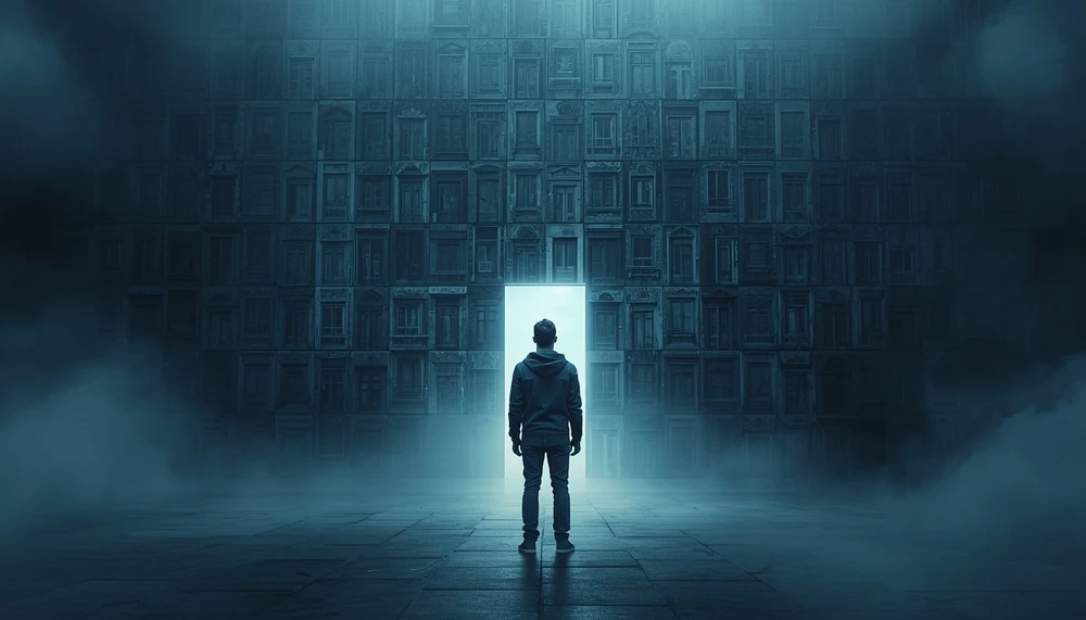 A young adult standing before many doors, representing confusion caused by too many choices.