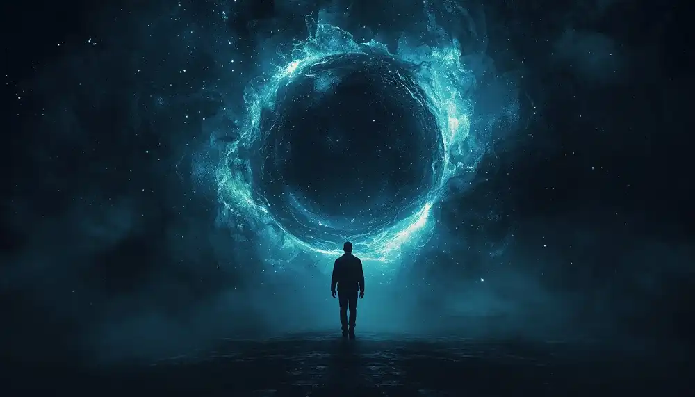 A human figure walking into cosmic darkness symbolizing death and mystery