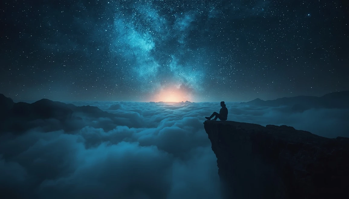A lone figure standing in a surreal universe symbolizing death and consciousness