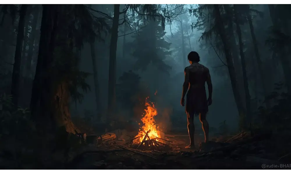 A lone human standing near fire in a dark forest symbolizing survival instinct and the human desire for control