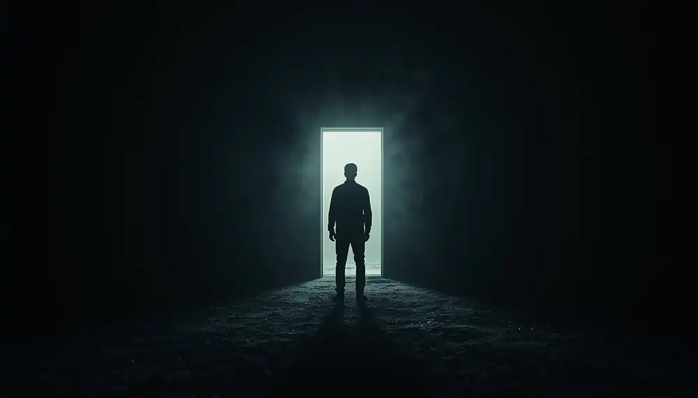 A human silhouette facing darkness symbolizing fear of death and the unknown