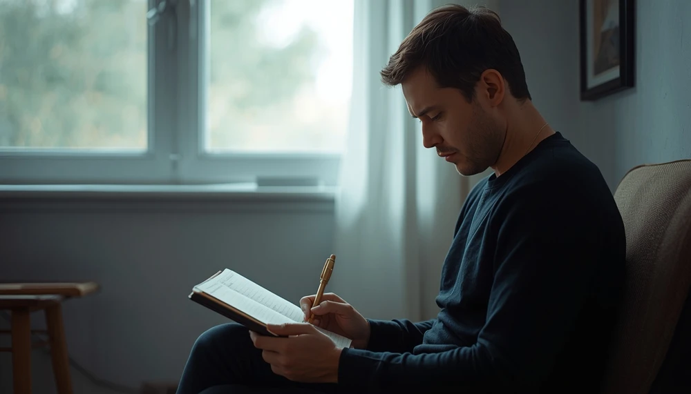 An adult reflecting quietly with a notebook, symbolizing self-acceptance and clarity.