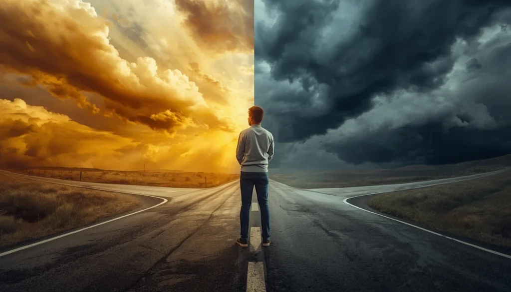 A worried person imagining the worst outcome before making a decision
