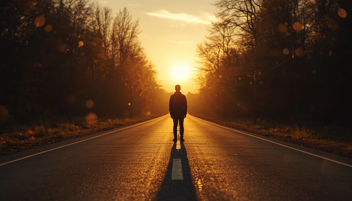 Man standing alone on a road at sunset reflecting on the meaning of life and time