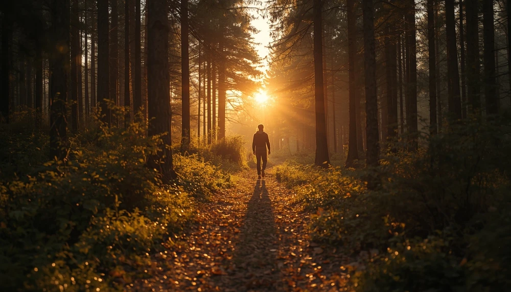 Person walking mindfully through a forest path surrounded by sunlight