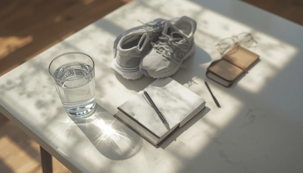 A simple morning routine setup with water, journal, book, and running shoes.
