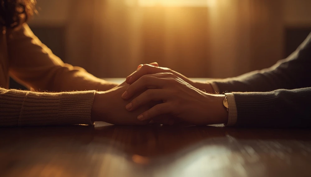 Couple holding hands gently after emotional distance
