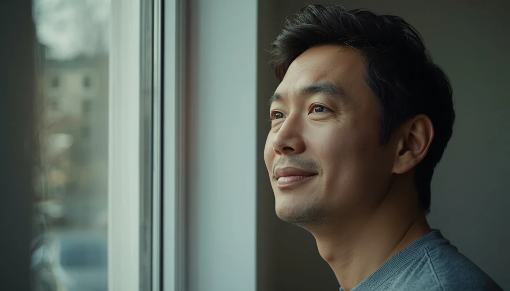 An adult looking out of a window, symbolizing a change in thoughts and perspective.