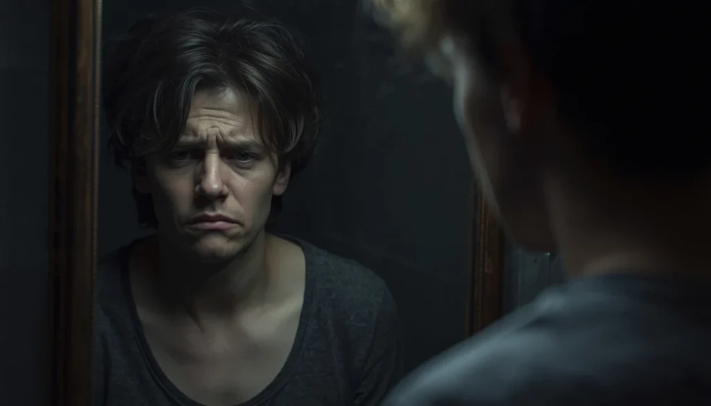 A person facing harsh self-criticism while looking into a mirror