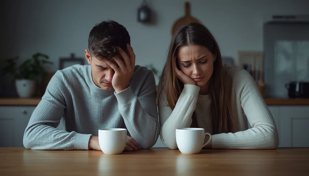 Couple having a tense silent conversation at home