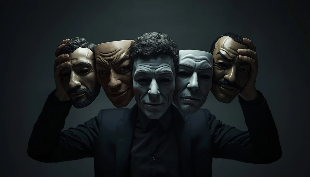 Person wearing different masks while hiding their real identity