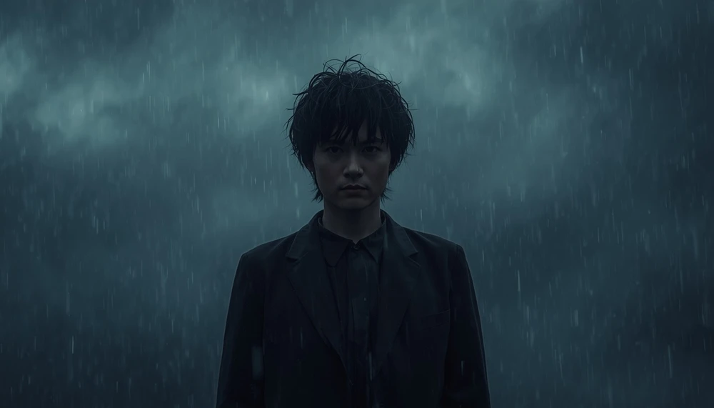 A person standing in the rain with a blank expression, symbolizing emotional numbness mistaken for strength.
