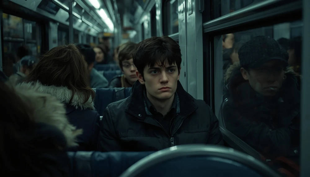 Person staring blankly on a crowded train, feeling like they are existing instead of living.