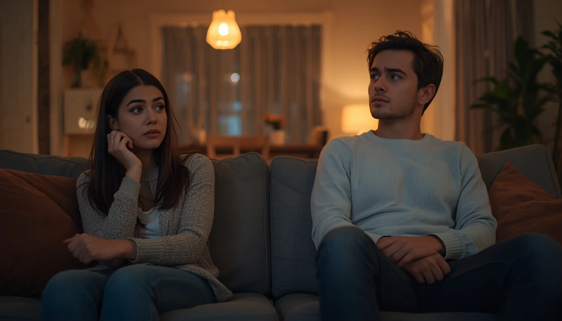 A distant couple sitting on a couch at home, avoiding eye contact while reflecting on relationship problems and falling out of love.