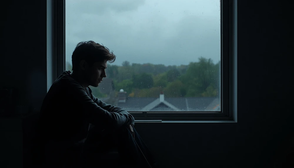 Person sitting quietly by a window, showing emotional numbness and inner distance.