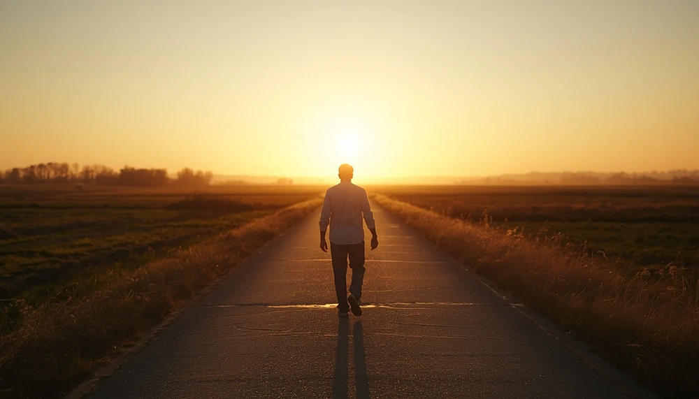 An adult walking forward on a sunrise path, symbolizing progress and life change.