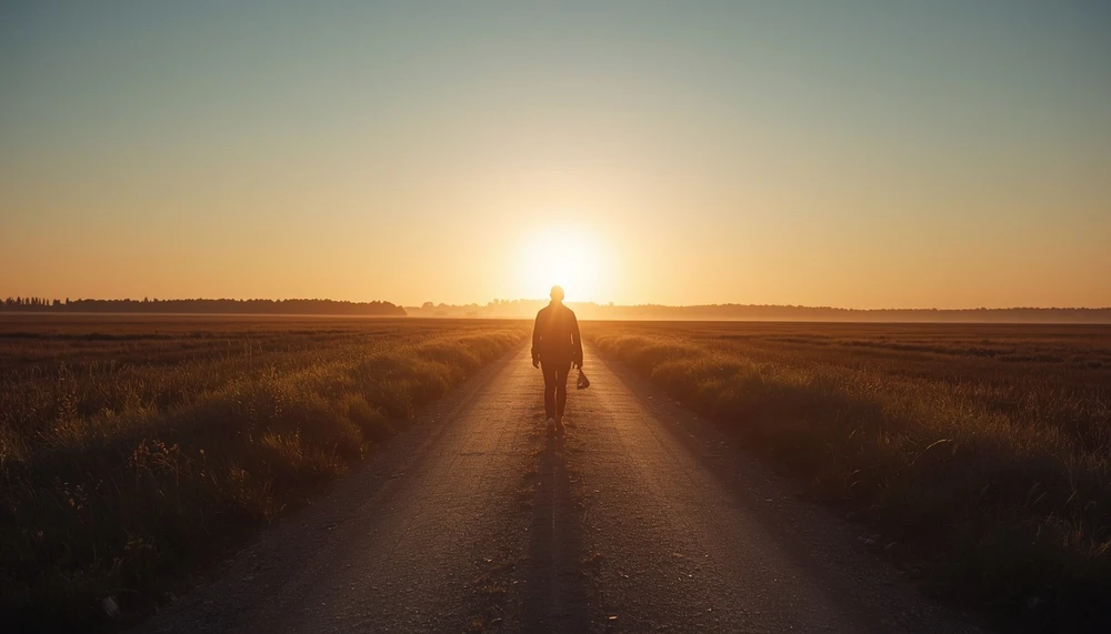 Person walking toward sunrise, symbolizing moving forward from overthinking
