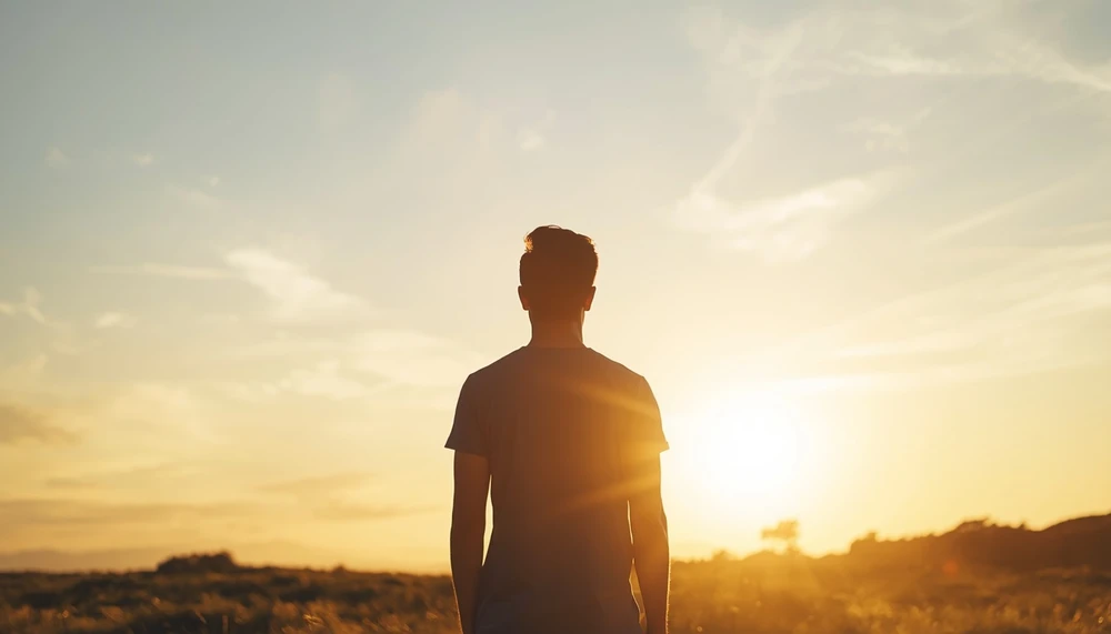 A person standing at sunrise, symbolizing emotional healing and reconnection with oneself.
