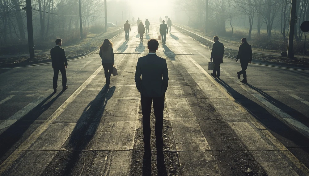 A person standing at a crossroad with many paths, symbolizing confusion, comparison, and life choices.