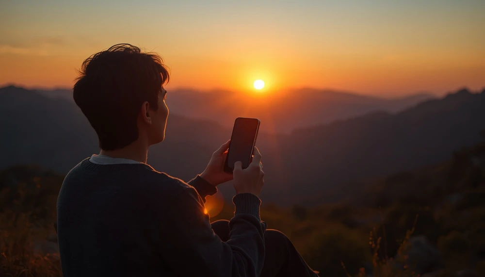 Person enjoying a peaceful sunset without using a phone
