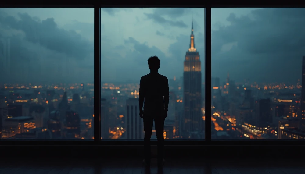 Person looking at a city view alone, imagining a future without their partner