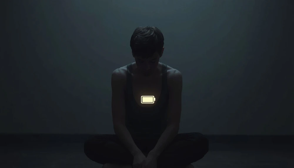 A person with a low emotional battery, symbolizing mental exhaustion and emotional numbness.