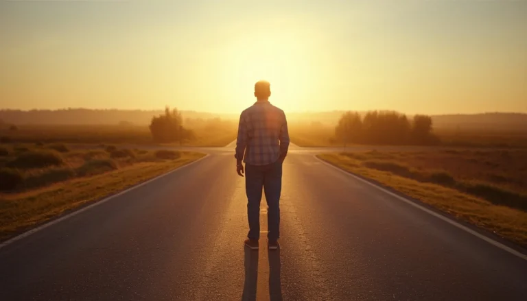 An adult standing at a crossroads during sunrise, symbolizing life change and new direction.