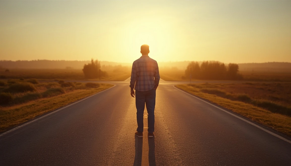 An adult standing at a crossroads during sunrise, symbolizing life change and new direction.