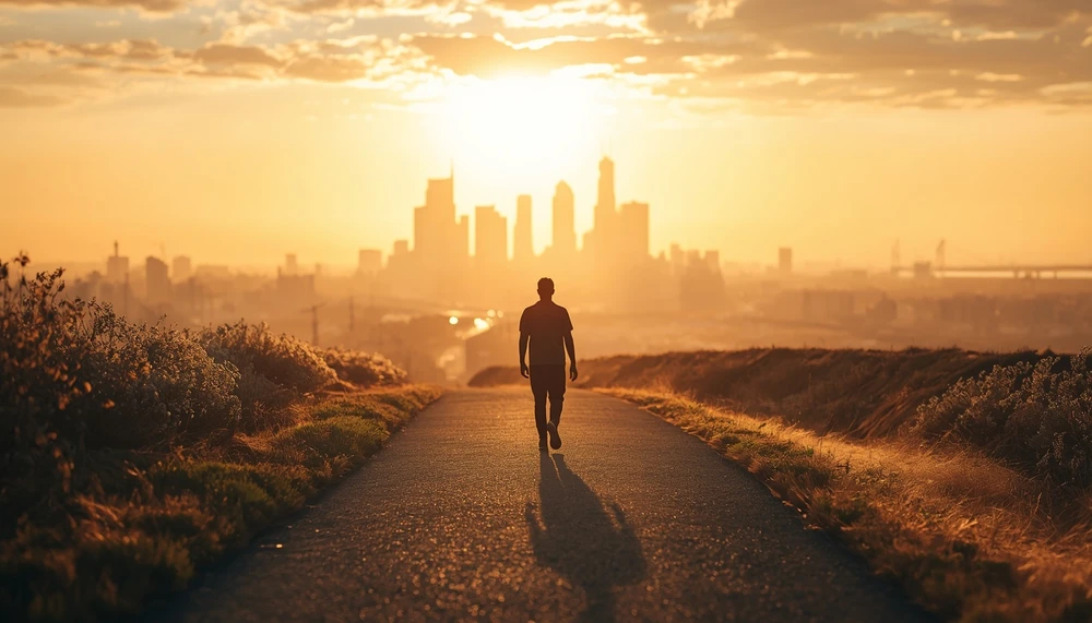 Person walking away from a noisy city, symbolizing finding themselves again.
