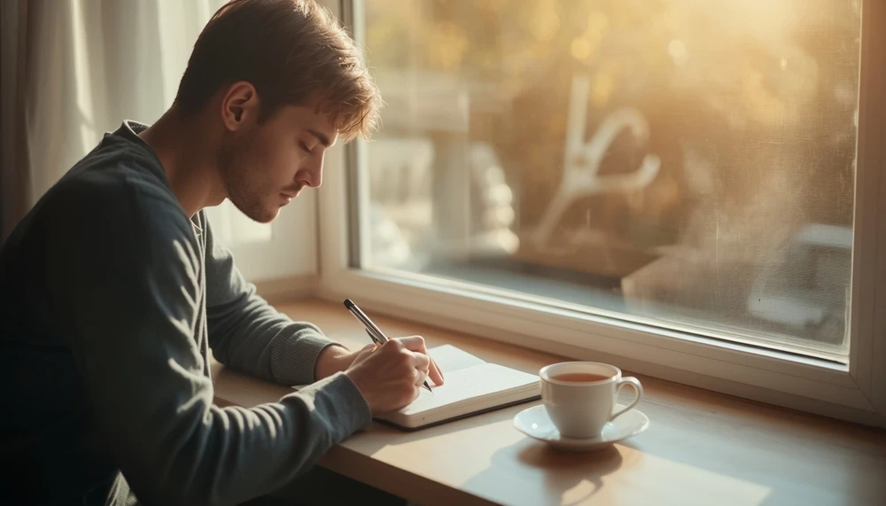 A person journaling peacefully as a way to reconnect with emotions.