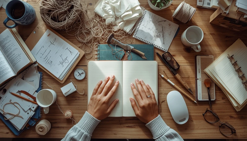 Person organizing messy notes and thoughts, symbolizing how to stop overthinking