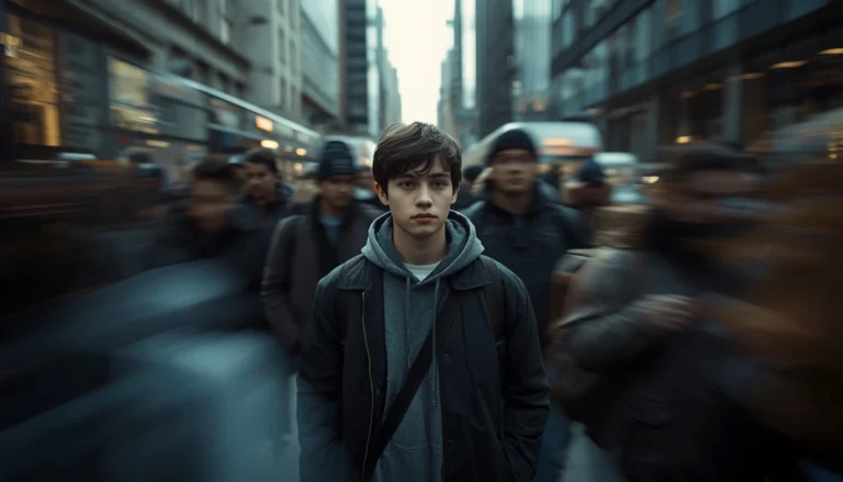 Person standing still in a fast-moving crowd, feeling disconnected from themselves.