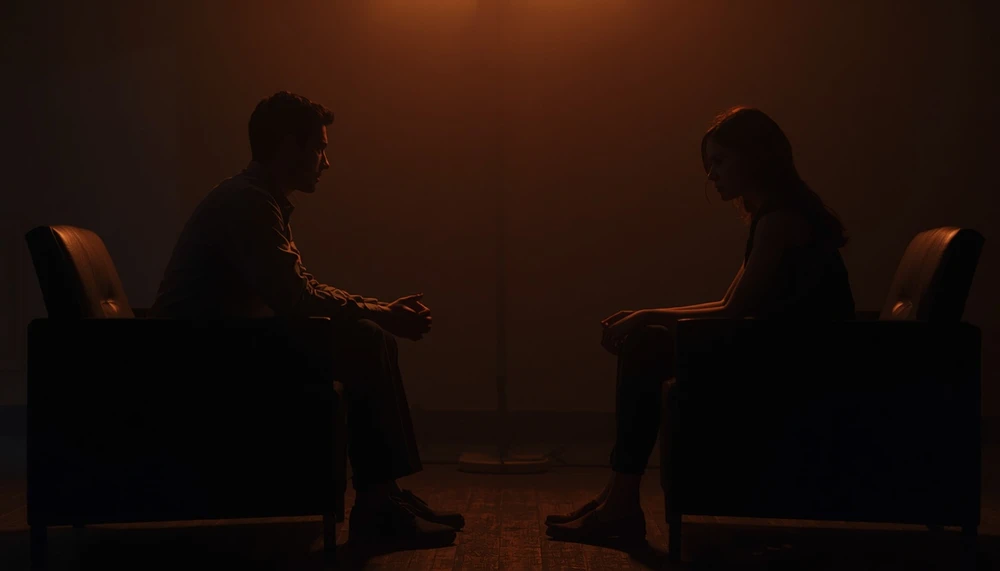 Couple sitting silently with emotional tension between them