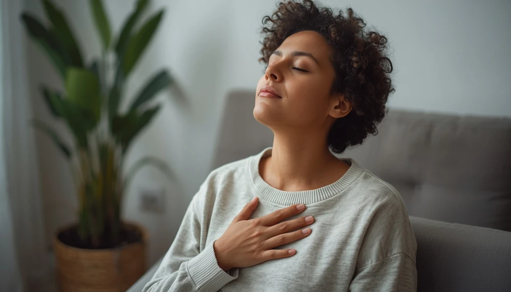 Person sitting calmly and listening to their emotions instead of escaping them.