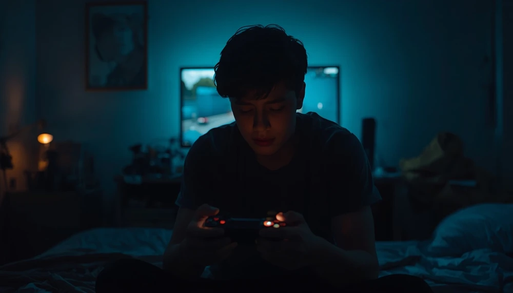 Person holding a gaming controller without interest, showing loss of joy in old hobbies.