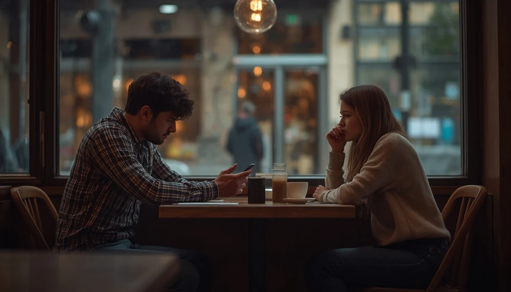 Couple at a café looking bored and disconnected instead of enjoying time together