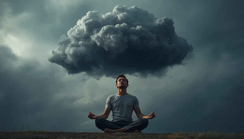 A person observing negative thoughts during meditation without believing them